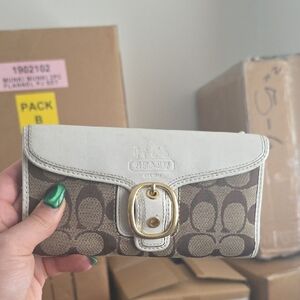 Coach Brown and Cream Buckle Legacy Bleeker Wallet